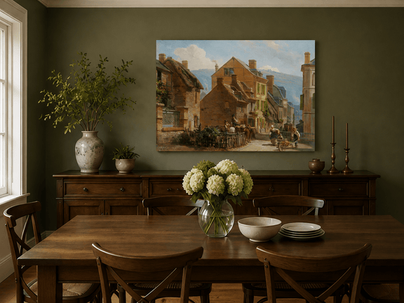 Hand-painted European village street scene landscape artwork in an interior display.