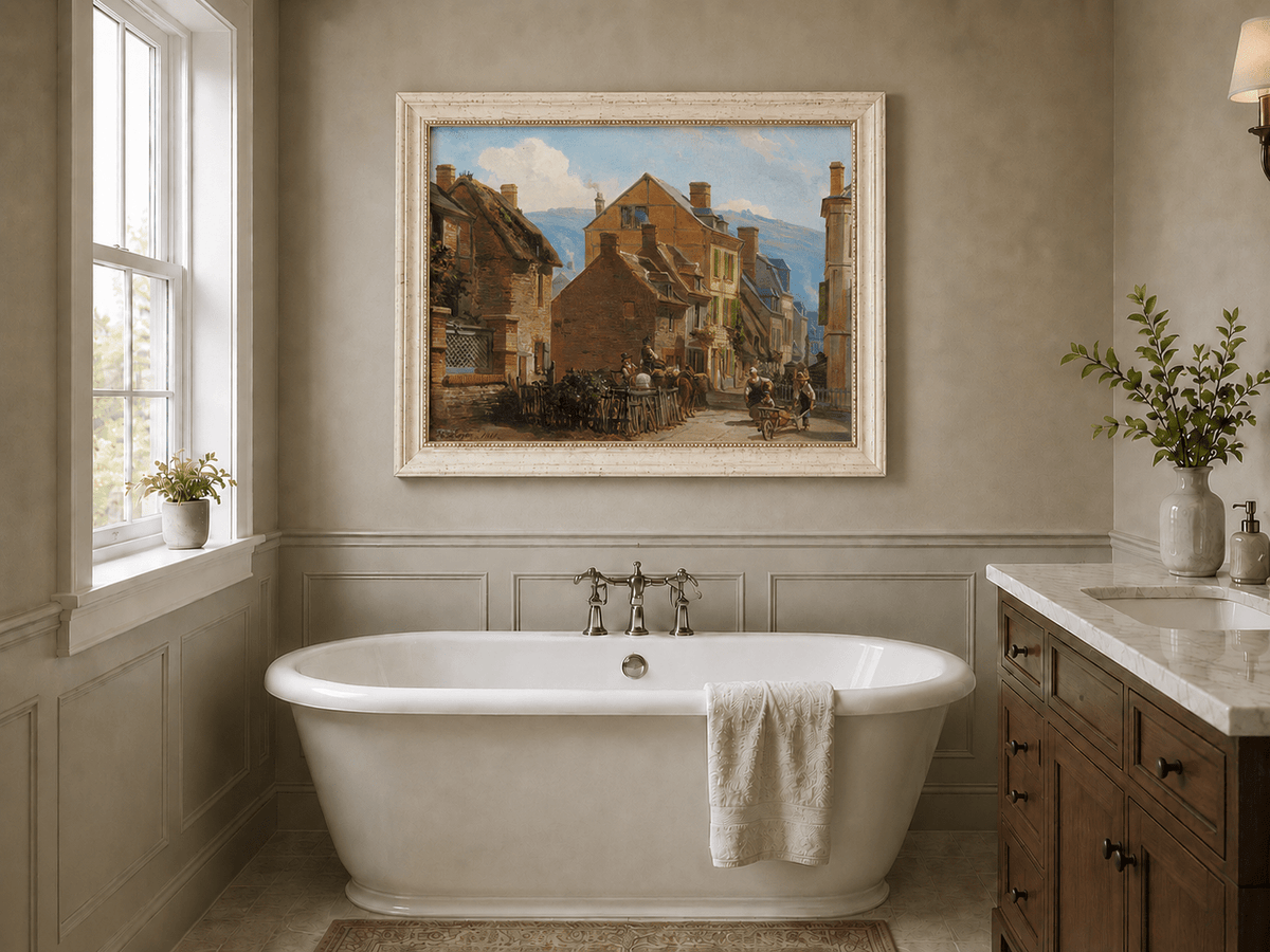 European village street scene landscape oil painting presented as interior home decor.