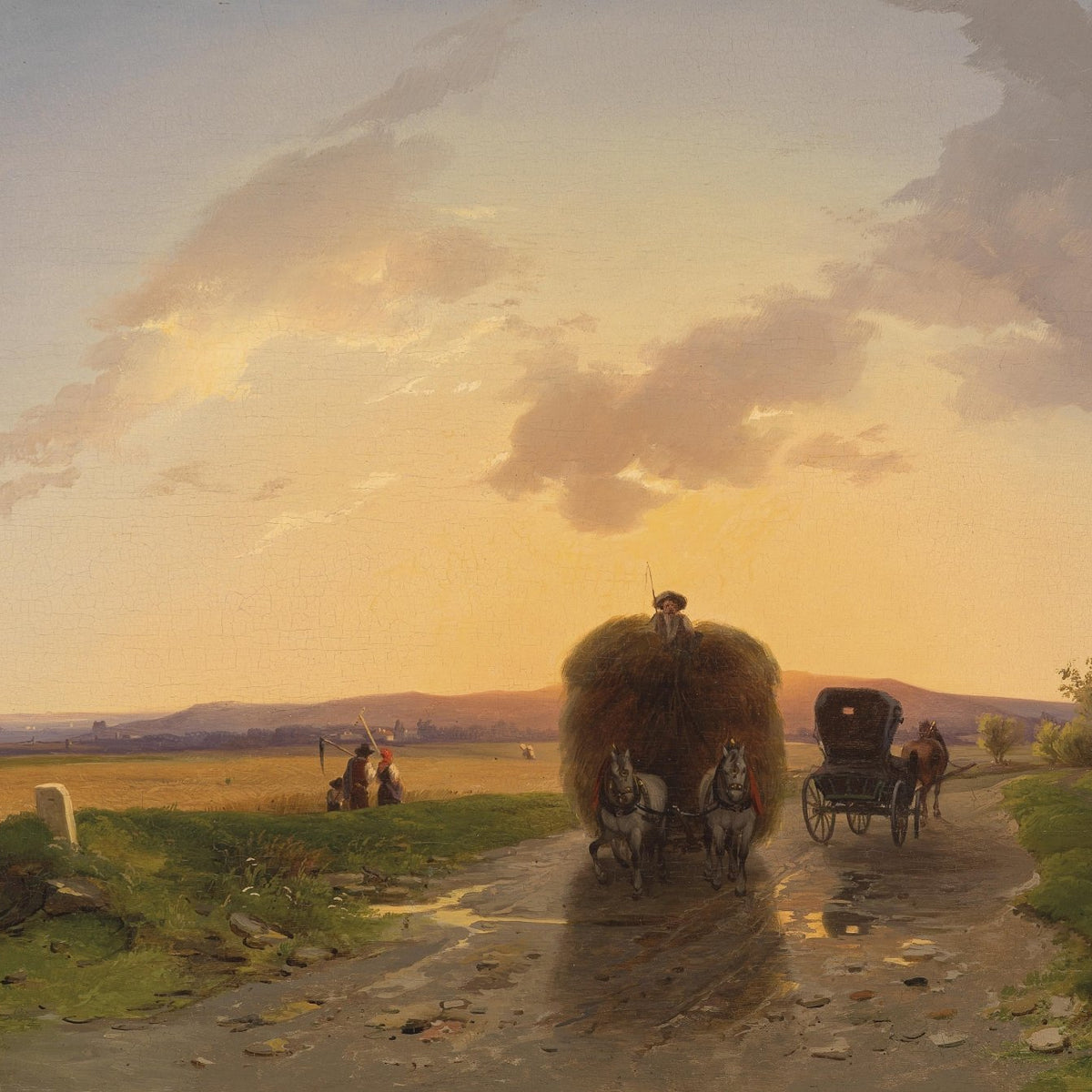 Landscape Oil Painting - Evening Rural Road & Hay Wagon, Horses, Figures - Oil Painting Haven