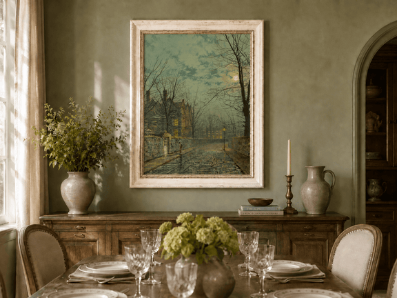 Evening street and moonlight oil landscape artwork shown in a styled home interior.