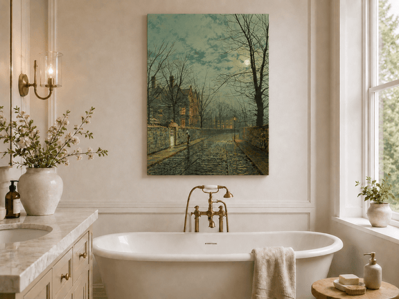 Evening street scene with moonlight landscape oil painting presented as styled home decor.