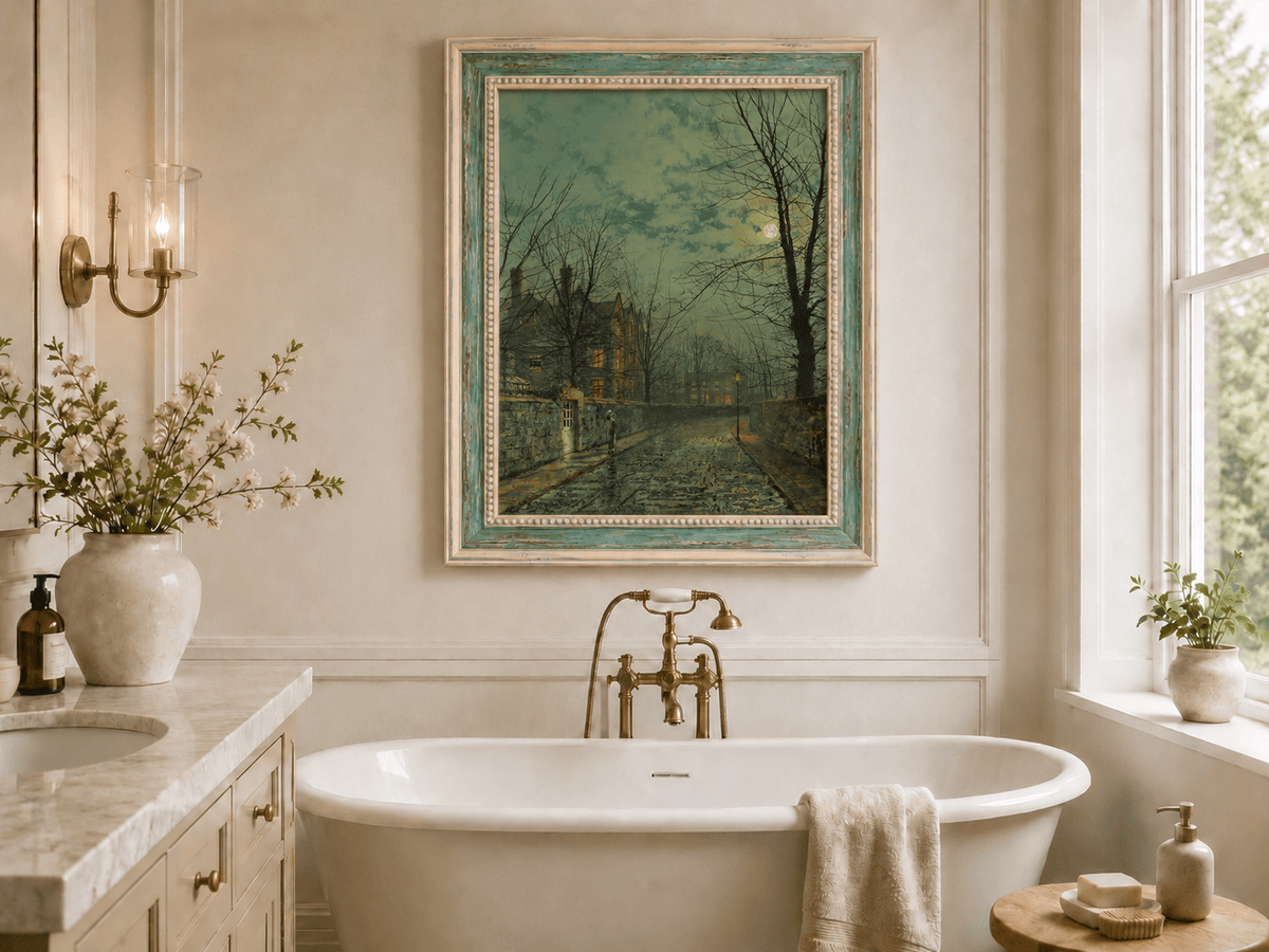 Moonlit evening street landscape oil painting presented as interior home decor.