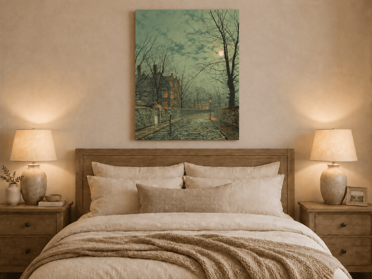 Moonlit evening street oil painting displayed as landscape wall decor.