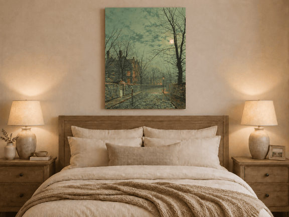 Moonlit evening street oil painting displayed as landscape wall decor.