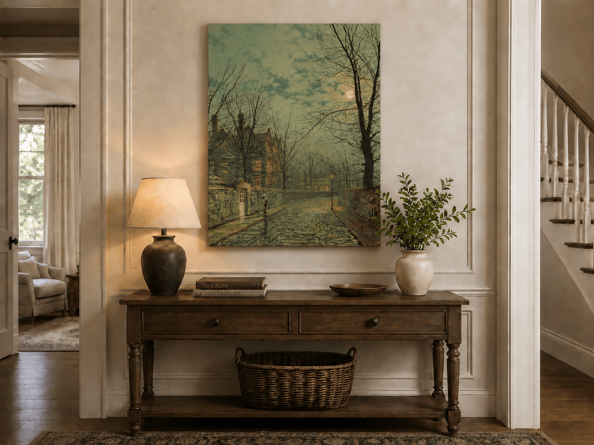 Moonlit village street landscape painting shown as decorative oil wall art.