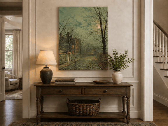 Moonlit village street landscape painting shown as decorative oil wall art.