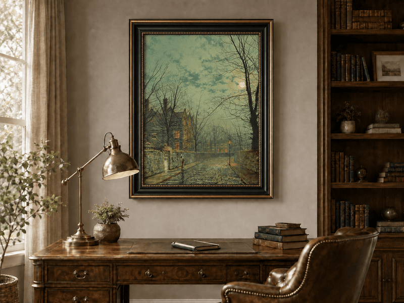 Evening street scene by moonlight landscape oil painting presented in an interior wall art mockup.