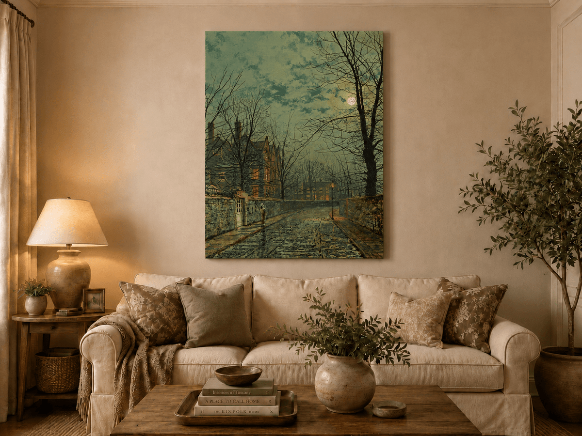 Evening street scene hand-painted oil artwork displayed in a second interior view.