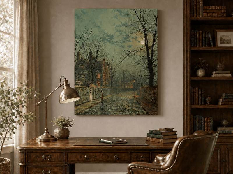 Interior wall art view featuring an evening street scene with moonlight oil painting.