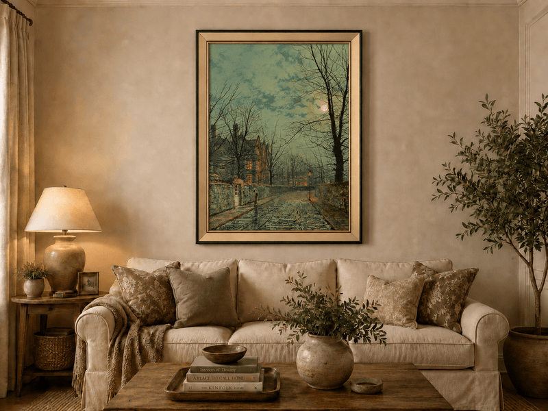Evening street scene with moonlight landscape oil painting displayed in a styled home interior.