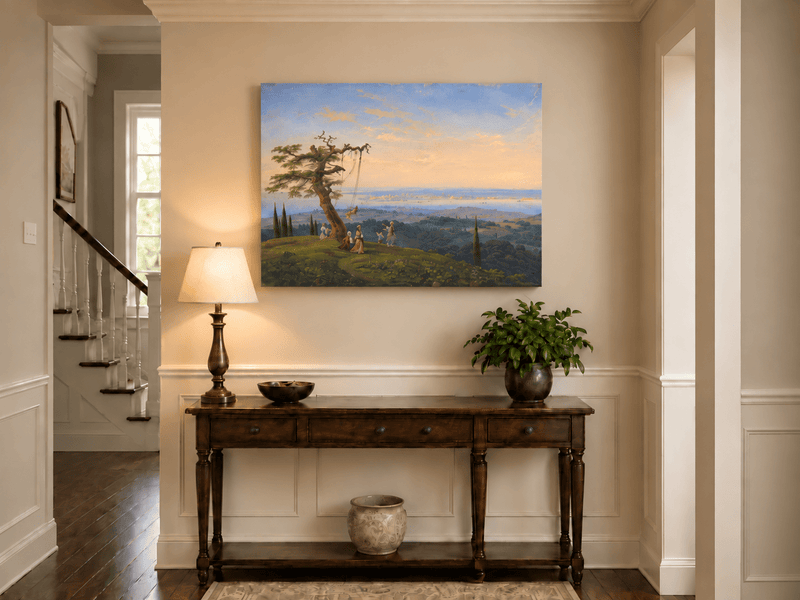 Landscape Oil Painting - Exotic Hilltop, Tree Swing & Coastal