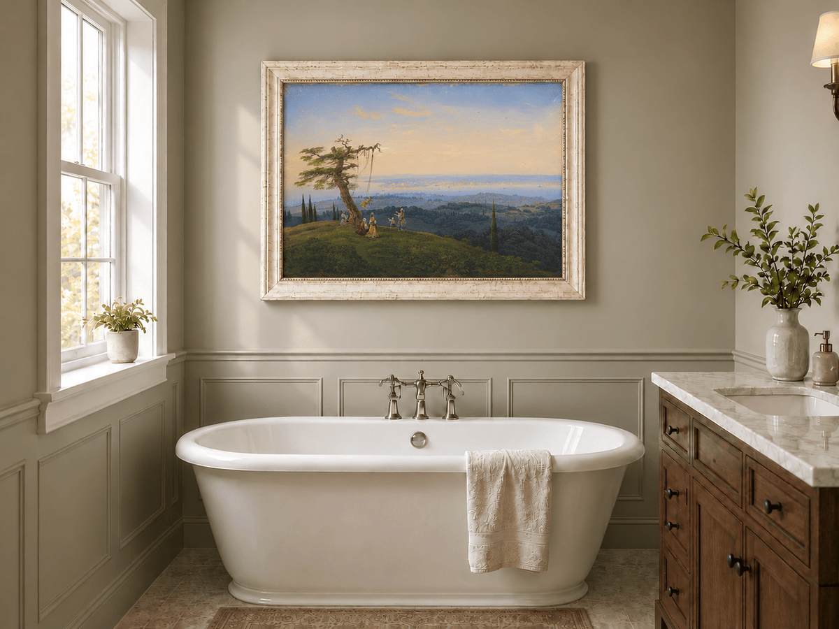 Landscape Oil Painting - Exotic Hilltop, Tree Swing & Coastal