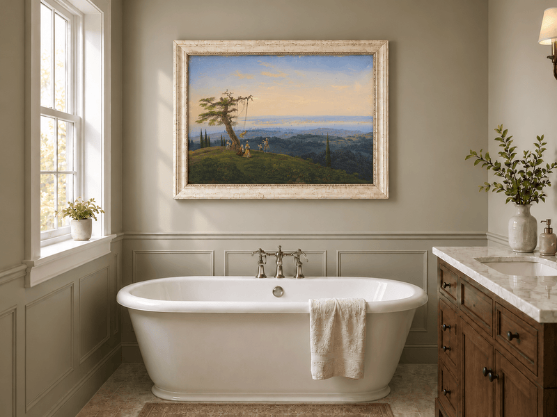 Landscape Oil Painting - Exotic Hilltop, Tree Swing & Coastal