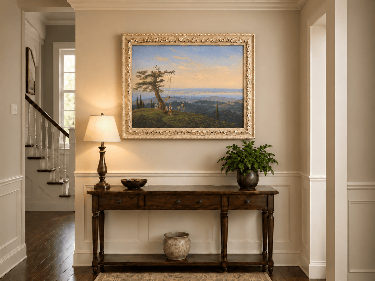 Landscape Oil Painting - Exotic Hilltop, Tree Swing & Coastal