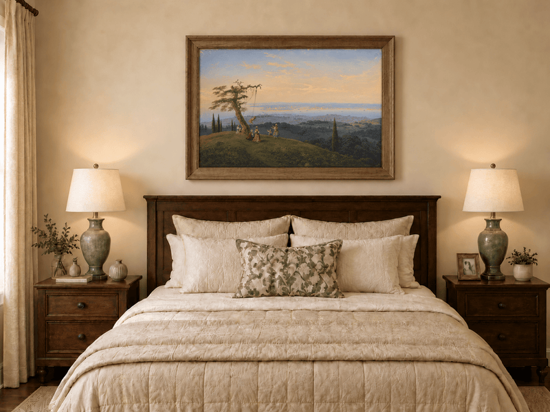 Landscape Oil Painting - Exotic Hilltop, Tree Swing & Coastal