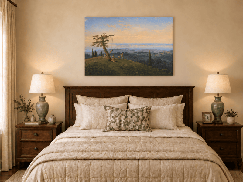 Landscape Oil Painting - Exotic Hilltop, Tree Swing & Coastal