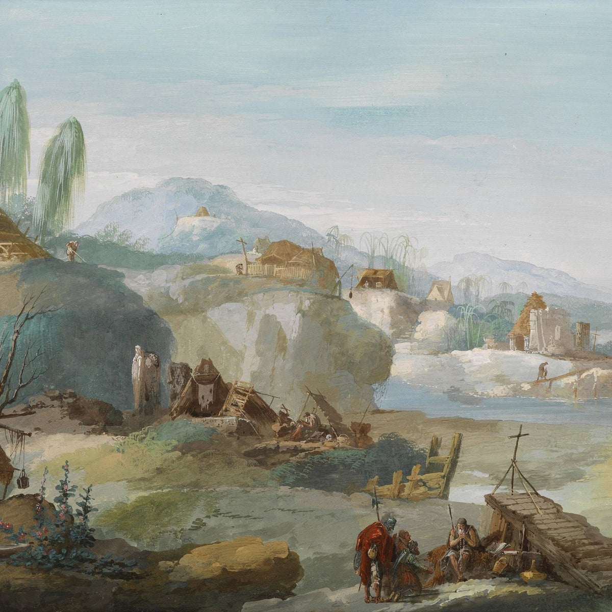 Landscape Oil Painting - Exotic Tropical Village River, Thatched Huts - Oil Painting Haven