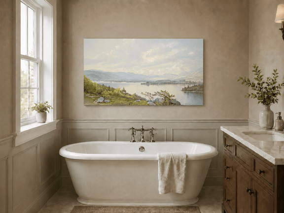 Unframed hand-painted expansive lake oil painting with distant mountains, trees and calm water displayed above a freestanding bathtub.