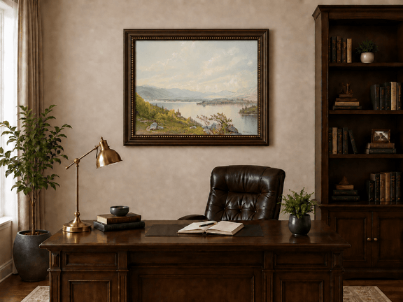 Framed hand-painted expansive lake oil painting with distant mountains, trees and calm water displayed above a traditional home office desk.