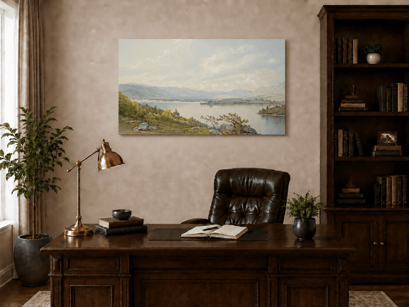 Unframed hand-painted expansive lake oil painting with distant mountains, trees and calm water displayed above a traditional home office desk.