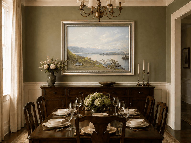 Framed hand-painted expansive lake oil painting with distant mountains, trees and calm water displayed above a formal dining table.
