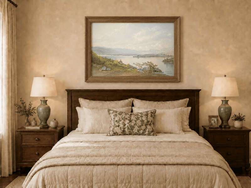 Framed hand-painted expansive lake oil painting with distant mountains, trees and calm water displayed above a wooden bed in a neutral bedroom.