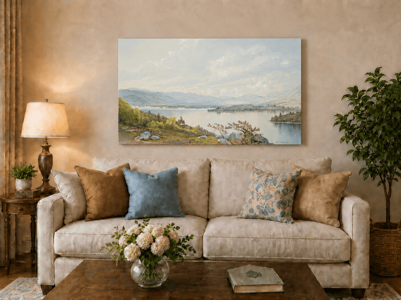 Unframed hand-painted expansive lake oil painting with distant mountains, trees and calm water displayed above a neutral living room sofa.