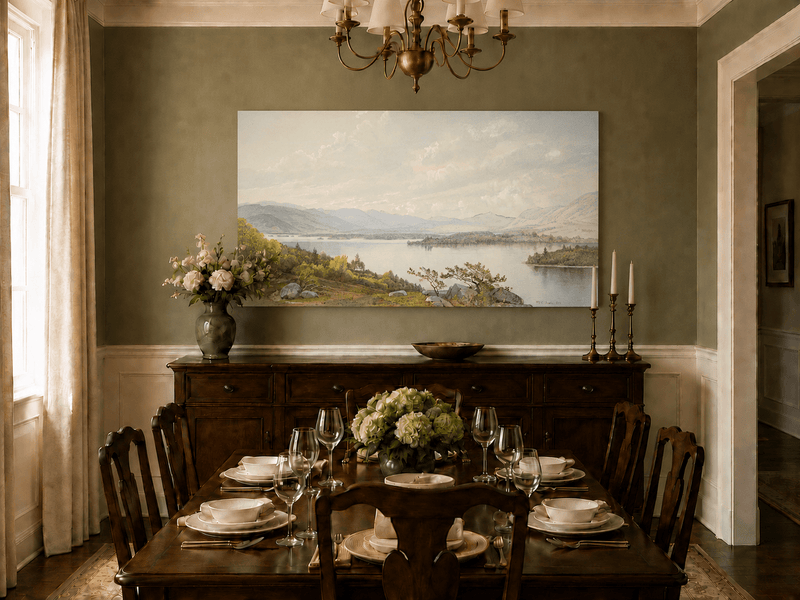 Unframed hand-painted expansive lake oil painting with distant mountains, trees and calm water displayed above a formal dining table.