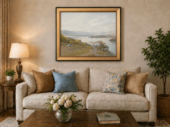 Framed hand-painted expansive lake oil painting with distant mountains, trees and calm water displayed above a neutral living room sofa.