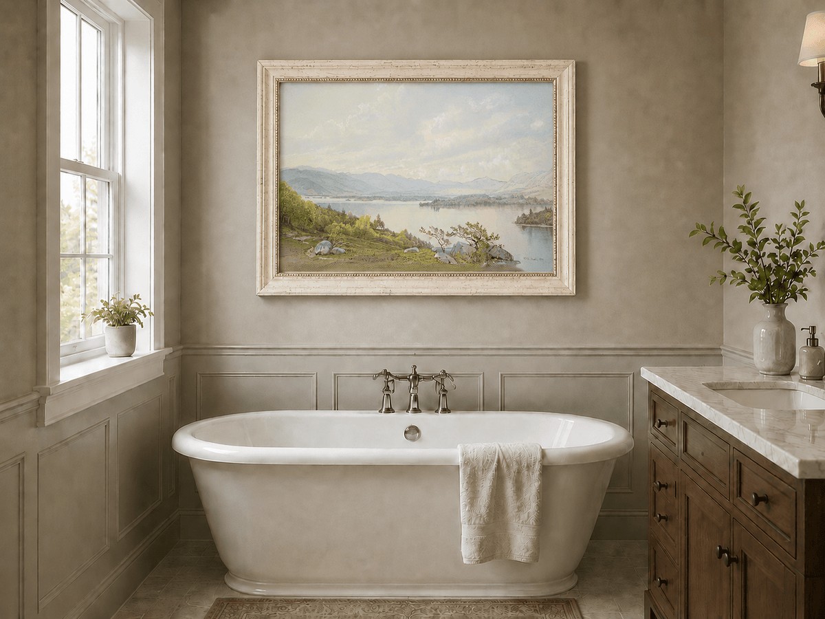 Framed hand-painted expansive lake oil painting with distant mountains, trees and calm water displayed above a freestanding bathtub.