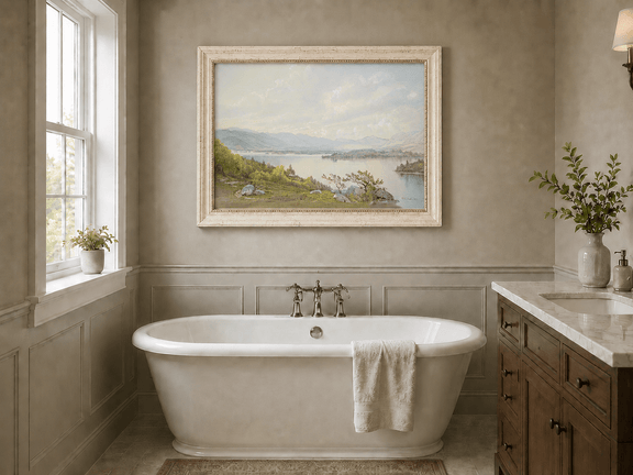 Framed hand-painted expansive lake oil painting with distant mountains, trees and calm water displayed above a freestanding bathtub.