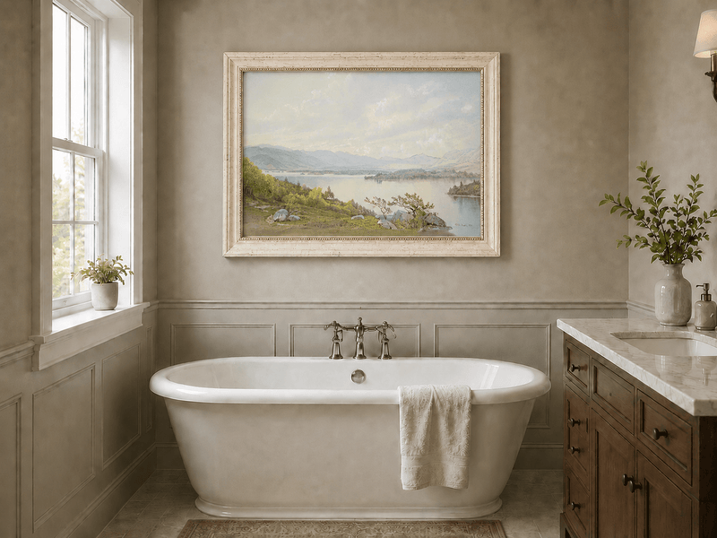 Framed hand-painted expansive lake oil painting with distant mountains, trees and calm water displayed above a freestanding bathtub.