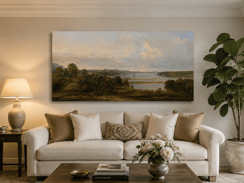 Ölgemälde Landschaft - weiter See, Segelboote, bewaldete Ufer