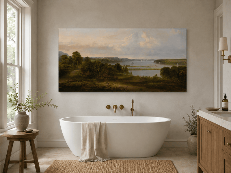 Ölgemälde Landschaft - weiter See, Segelboote, bewaldete Ufer