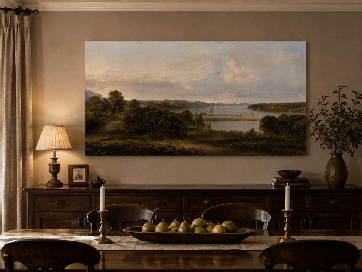 Ölgemälde Landschaft - weiter See, Segelboote, bewaldete Ufer