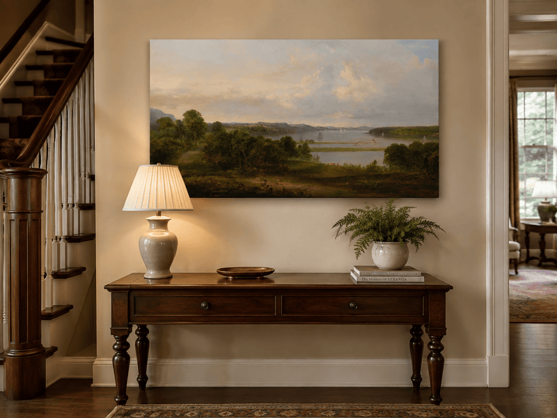 Ölgemälde Landschaft - weiter See, Segelboote, bewaldete Ufer