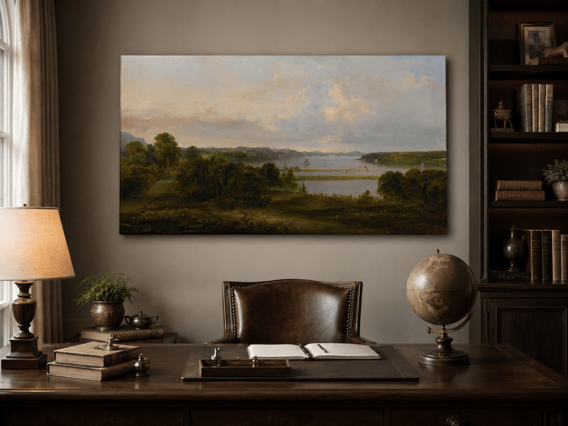 Ölgemälde Landschaft - weiter See, Segelboote, bewaldete Ufer
