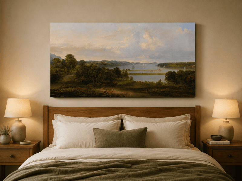 Ölgemälde Landschaft - weiter See, Segelboote, bewaldete Ufer
