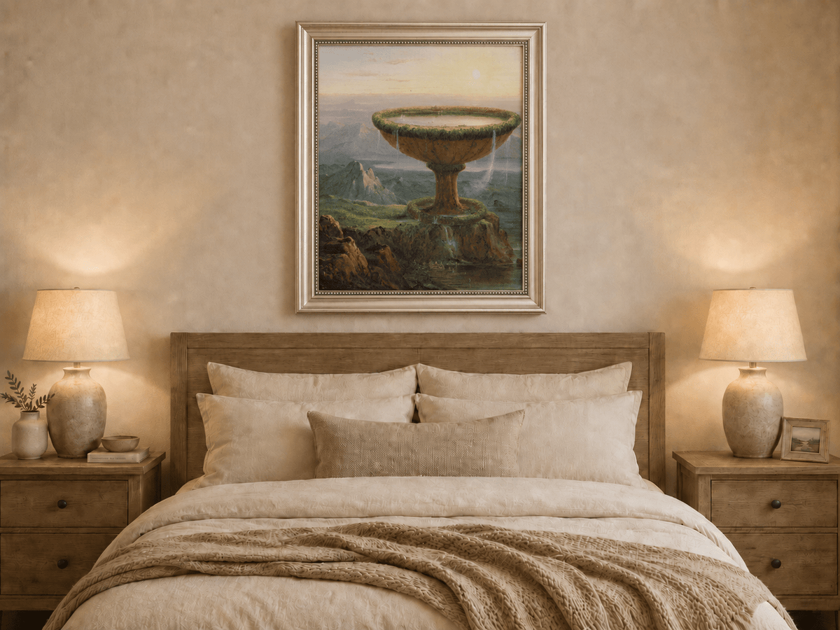 Peinture à l'huile de paysage - Paysage fantastique à l'urne géante