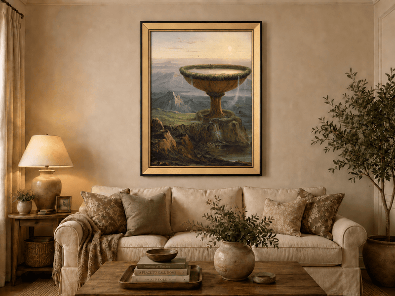 Peinture à l'huile de paysage - Paysage fantastique à l'urne géante