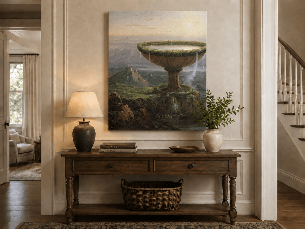Peinture à l'huile de paysage - Paysage fantastique à l'urne géante
