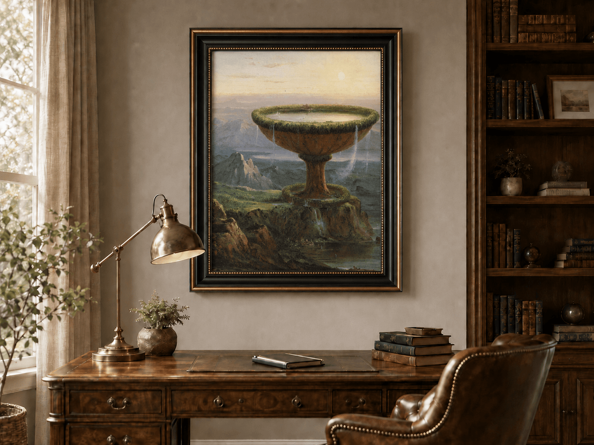 Peinture à l'huile de paysage - Paysage fantastique à l'urne géante