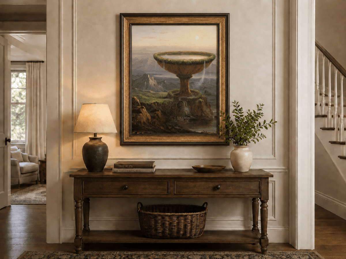 Peinture à l'huile de paysage - Paysage fantastique à l'urne géante