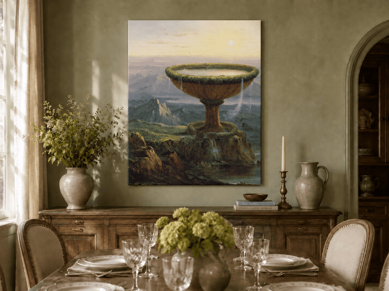 Peinture à l'huile de paysage - Paysage fantastique à l'urne géante
