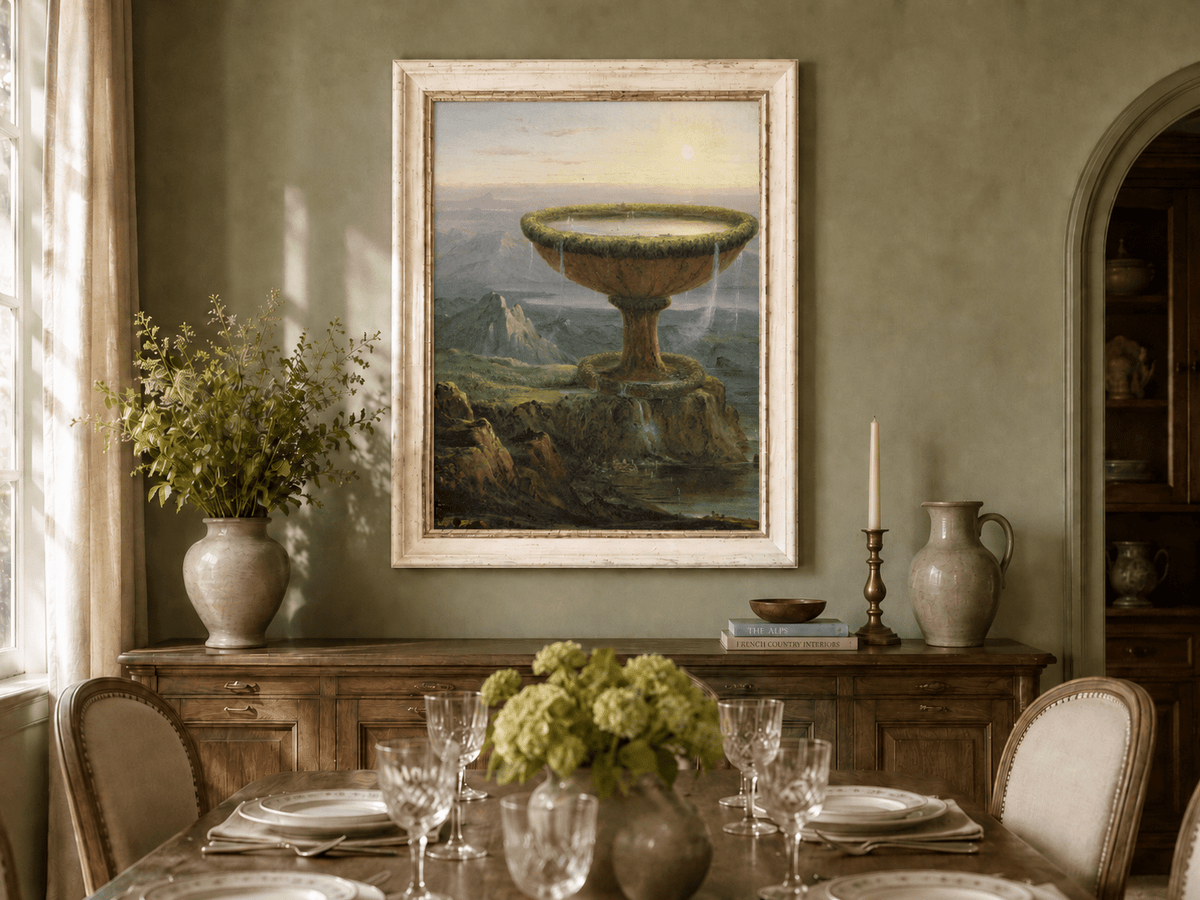 Peinture à l'huile de paysage - Paysage fantastique à l'urne géante