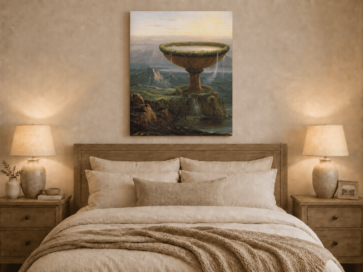 Peinture à l'huile de paysage - Paysage fantastique à l'urne géante