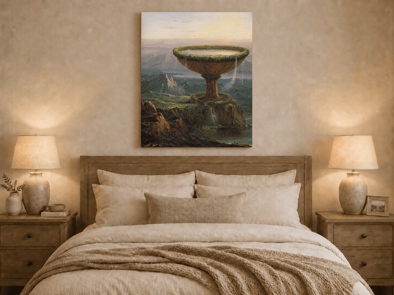 Peinture à l'huile de paysage - Paysage fantastique à l'urne géante