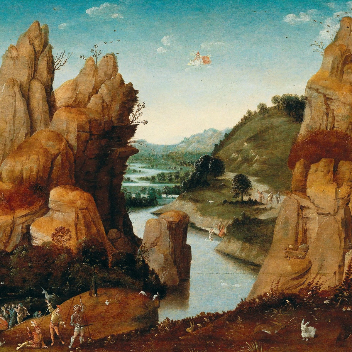 Hand-painted fantasy rocky valley with figures landscape oil painting on canvas