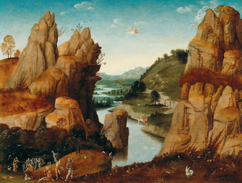 Hand-painted fantasy rocky valley with figures landscape oil painting on canvas