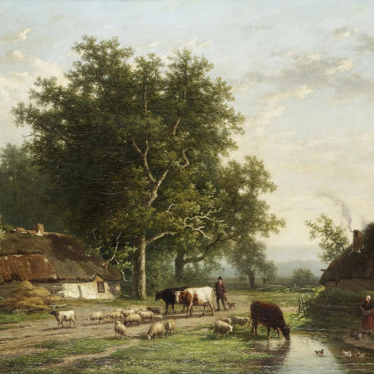 Landscape Oil Painting - Farm with Cattle, Sheep & Figures - Oil Painting Haven